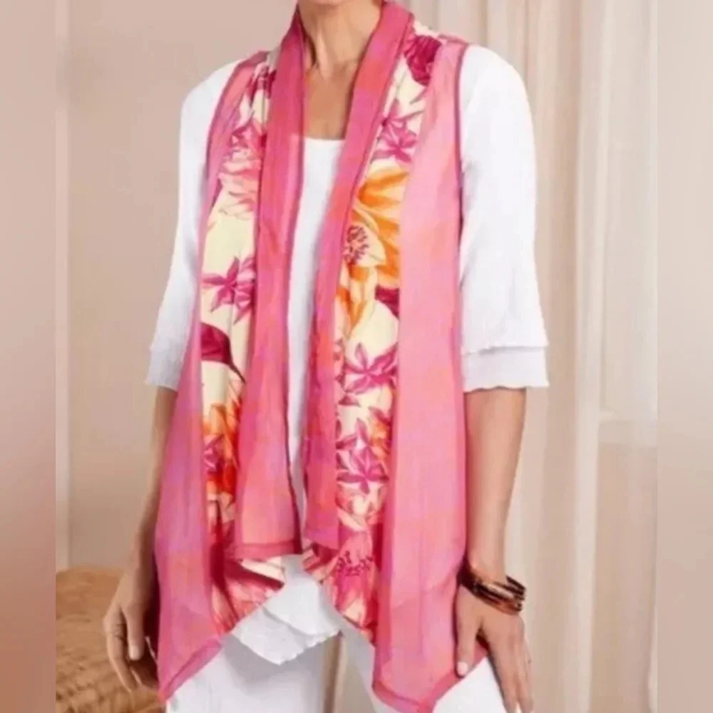 3/$30 Soft Surroundings Acadia Flutter Vest Sheer Panel Floral Vest Pink‎ Large